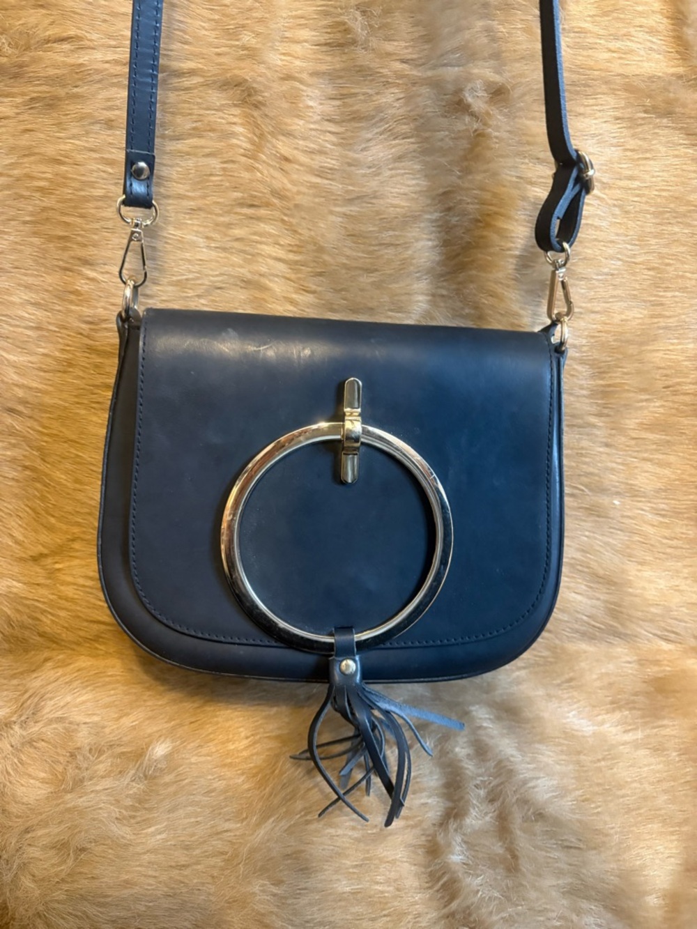 Simons Black Crossbody with Gold Ring Accent